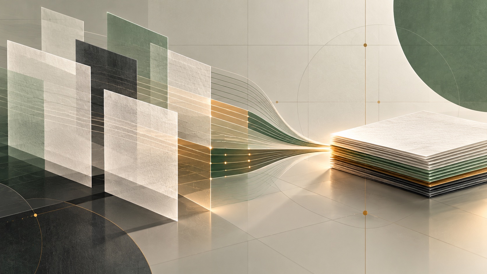 Separate translucent document sheets converging into one aligned stack